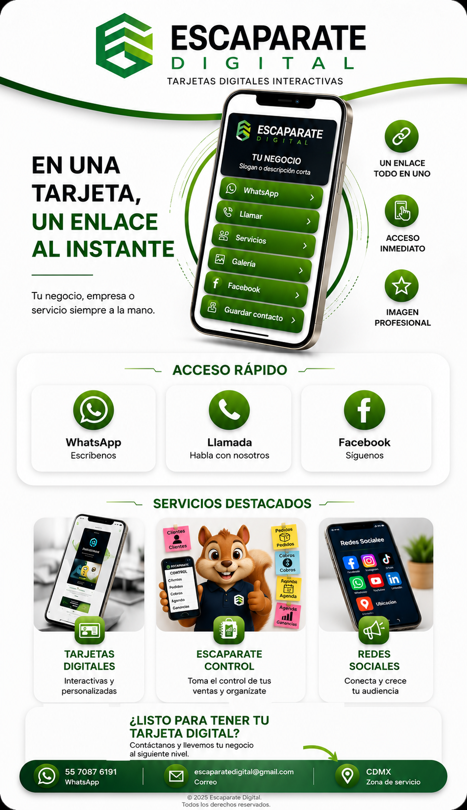 Escaparate Digital. Tarjetas digitales interactivas, acceso a WhatsApp, llamada, Facebook, servicios, galería y guardar contacto.